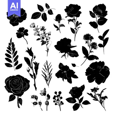 Aset premium populer: Collection of Black Silhouettes of Various Flowers and Leaves