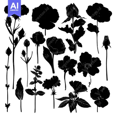 Aset premium populer: Black Silhouettes of Various Flowers and Buds