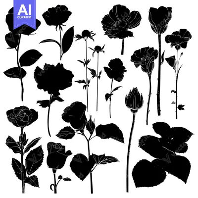 Aset premium populer: A Collection of Black Silhouettes of Various Flowers and Buds