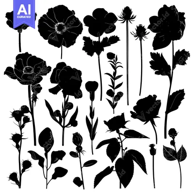 Premium design asset: A Collection of Black Silhouettes of Various Flowers and Buds