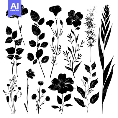 Aset premium populer: Black and White Silhouettes of Various Flowers and Leaves