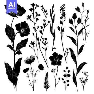 Premium design asset: Black Silhouettes of Various Wildflowers and Foliage