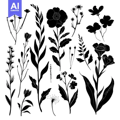Premium design asset: A Collection of Black Silhouettes of Various Flowers and Plants