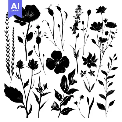 Aset desain premium: Black and White Silhouettes of Various Wildflowers