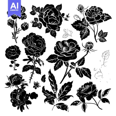 Aset desain premium: Black and White Silhouette Illustration of Roses and Leaves