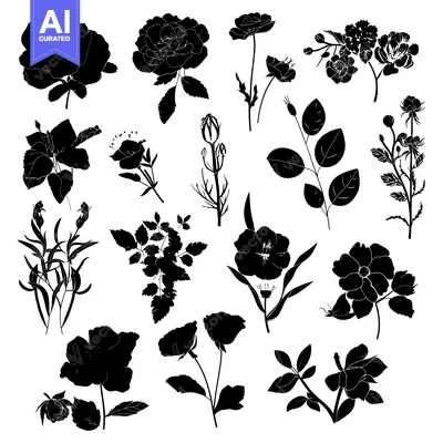 Aset premium populer: A Collection of Black Silhouettes of Roses and Buds