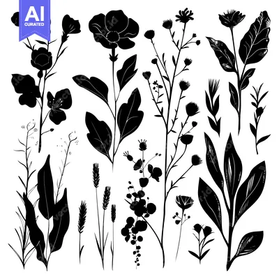 Popular premium asset: A Collection of Black Silhouettes of Wildflowers and Plants