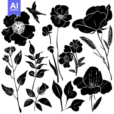 Aset premium populer: Black and White Silhouettes of Flowers, Leaves, and a Bird