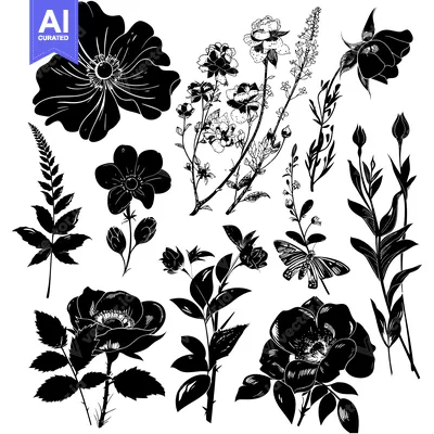 Aset desain premium: Silhouettes of various flowers, buds, and leaves