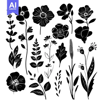 Popular premium asset: A Collection of Black Silhouettes of Flowers and Leaves