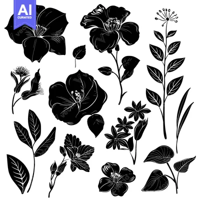 Aset desain premium: Black and White Silhouette of Various Flowers and Leaves