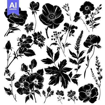 Popular premium asset: Black and White Silhouettes of Various Flowers and Plants