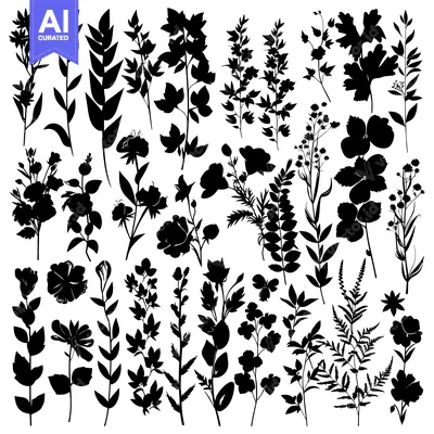 Aset desain premium: A Collection of 30 Black and White Floral Silhouettes