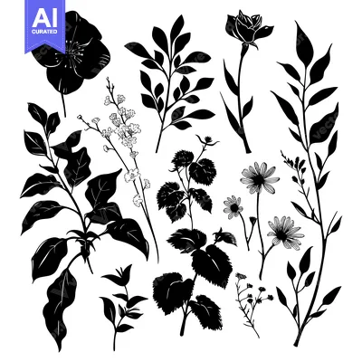 Aset desain premium: Silhouettes of Various Flowers and Foliage