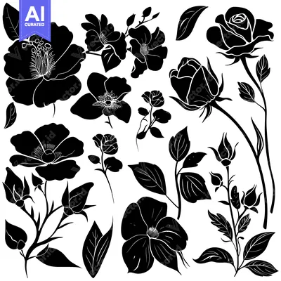 Popular premium asset: Black and White Silhouettes of Roses and Other Flowers