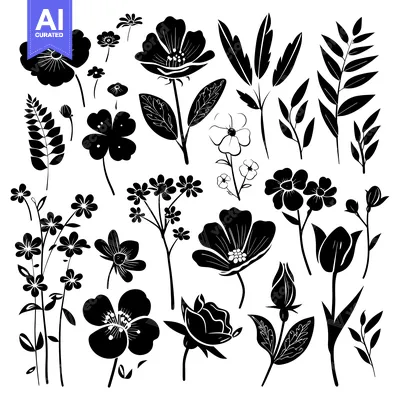 Aset premium populer: A Collection of Black Silhouettes of Flowers and Foliage