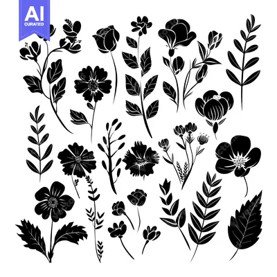 Popular premium asset: A Collection of Black and White Floral Silhouettes