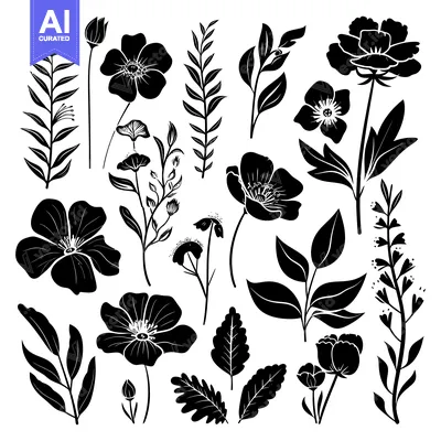 Popular premium asset: Black and White Silhouettes of Various Flowers and Foliage