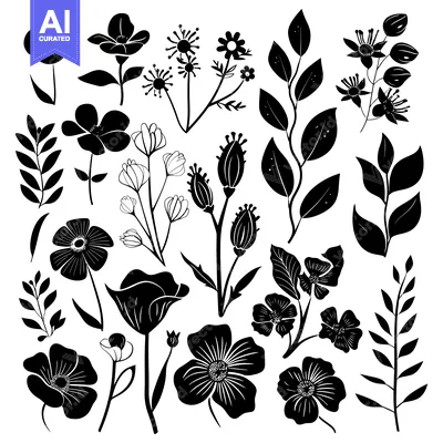 Aset desain premium: Black and White Floral Illustrations with Leaves and Buds