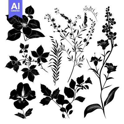 Aset desain premium: Black and White Floral Silhouettes on White Background
