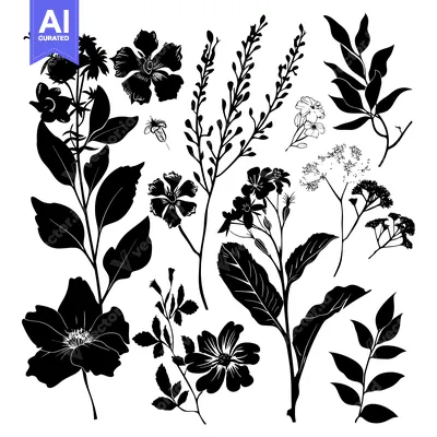 Aset premium populer: Silhouettes of Various Black and White Flowers and Leaves