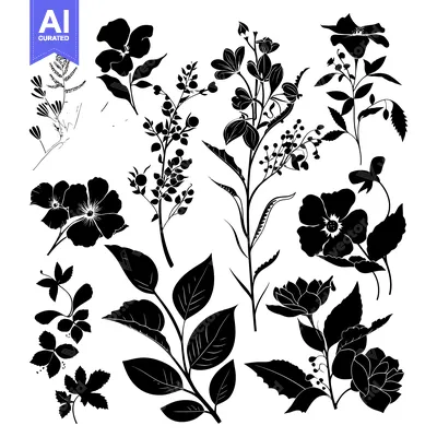 Aset desain premium: Black and White Floral Silhouettes with Delicate Stems and Leaves