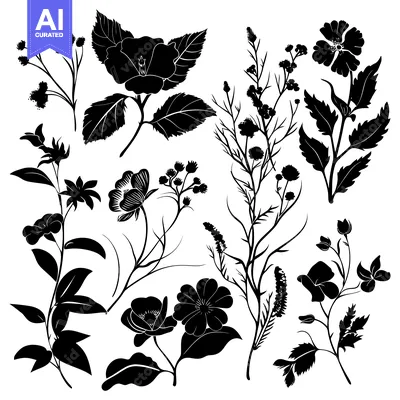 Aset premium populer: A Collection of Black Silhouettes of Flowers and Foliage