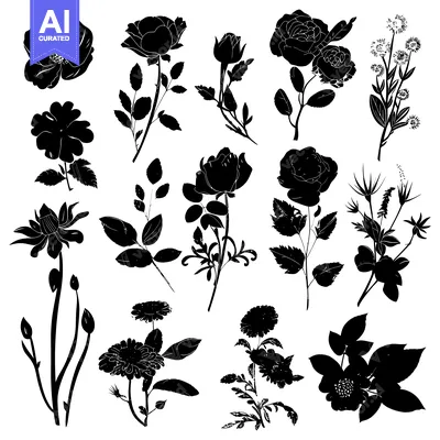 Premium design asset: Black and White Silhouettes of Various Flowers and Plants