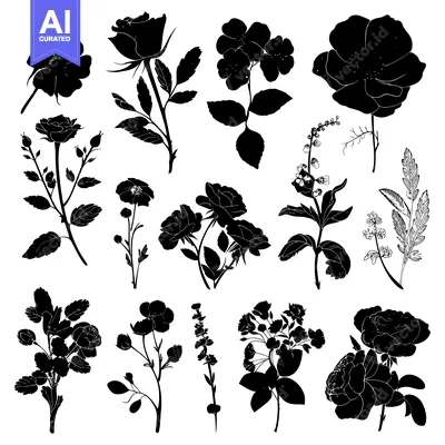 Premium design asset: Black Silhouettes of Various Flower Buds and Blooms