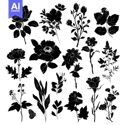 Aset premium populer: Black and White Silhouettes of Various Flowers and Plants