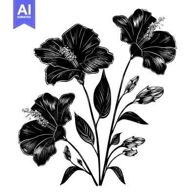 Aset desain premium: Black and White Illustration of a Hibiscus Flower Bouquet