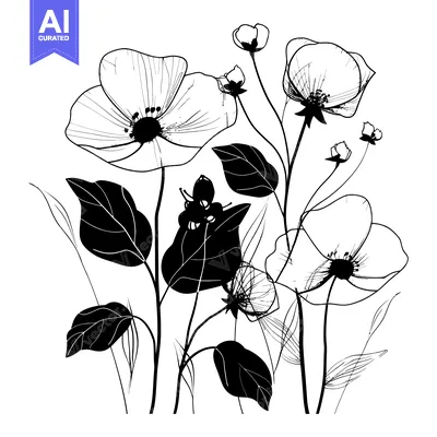 Premium design asset: Black and White Line Drawing of Flowers with Detailed Leaves