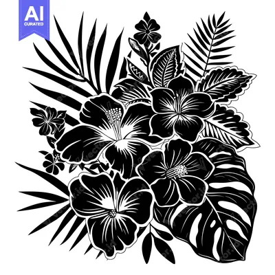 Aset premium populer: Black and White Floral Arrangement with Hibiscus and Tropical Leaves