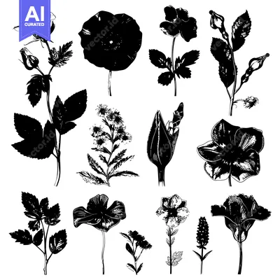 Aset desain premium: Black and White Silhouettes of Various Flowers and Foliage