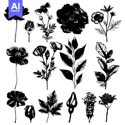 Premium design asset: Black and White Silhouettes of Various Flowers and Leaves