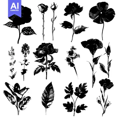 Aset desain premium: Black and White Silhouettes of Various Flowers and Leaves