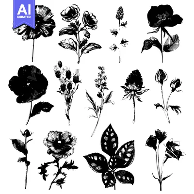 Aset desain premium: Black and White Silhouettes of Various Flowers and Foliage