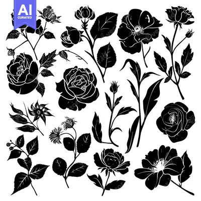 Aset desain premium: Black and White Silhouettes of Roses, Buds, and Leaves