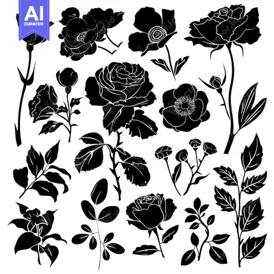 Premium design asset: Collection of Black Silhouettes of Roses and Leaves