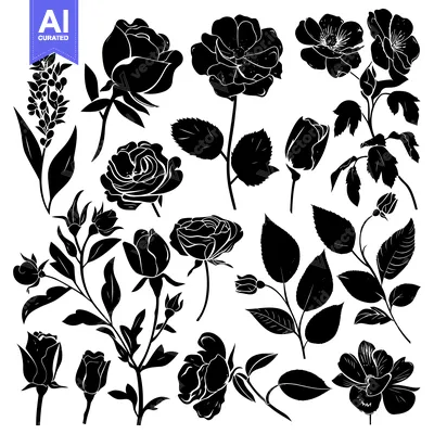 Aset premium populer: Black and White Silhouette Collection of Roses and Buds