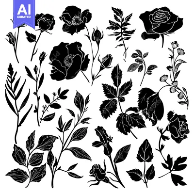 Popular premium asset: Black and White Silhouette Illustration of Various Roses and Leaves