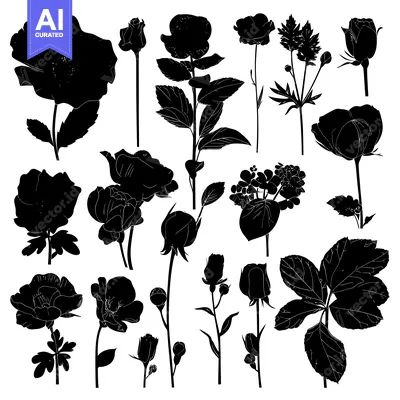 Aset premium populer: A Collection of Silhouettes of Various Flowers and Buds