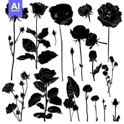 Premium design asset: Black Silhouettes of Various Roses and Buds