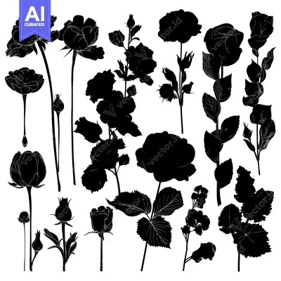 Aset premium populer: Silhouette Collection of Blooming Roses and Buds