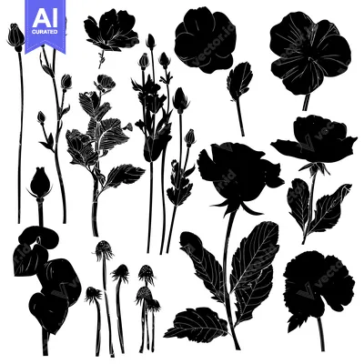 Aset desain premium: Silhouettes of Various Flower Buds and Blossoms