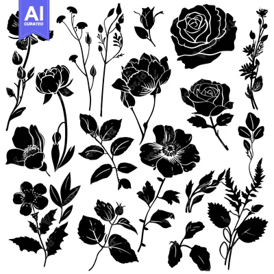 Popular premium asset: Black and White Silhouette of Various Flowers and Foliage