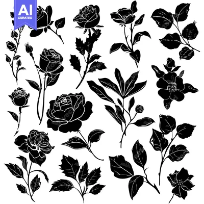 Aset premium populer: Black and White Silhouette of Roses and Leaves