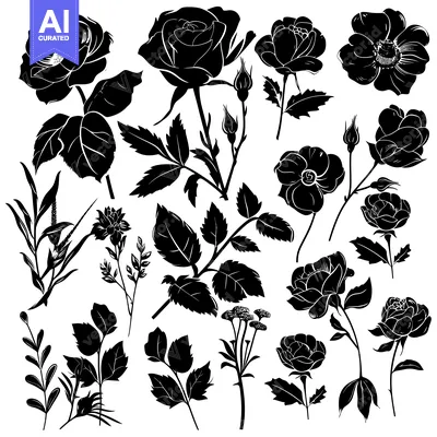 Aset premium populer: Black and White Silhouette of Roses and Foliage