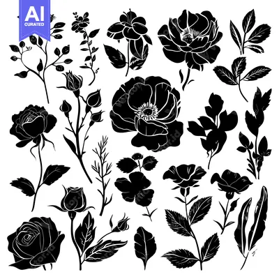 Aset premium populer: Collection of Black Silhouettes of Roses, Flowers, and Leaves