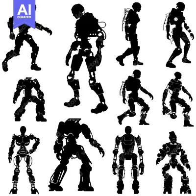 Premium design asset: Silhouettes of Ten Futuristic Robots in Various Poses